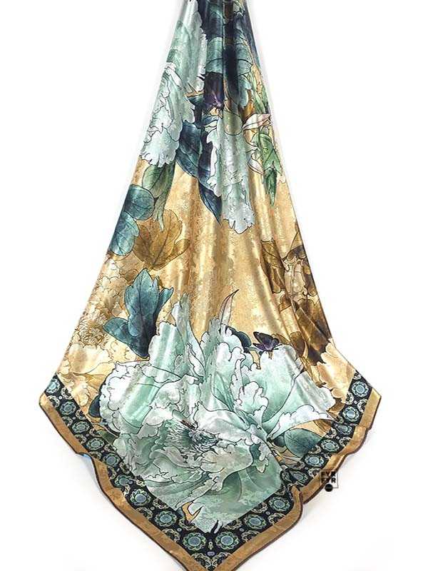 Платок Ashma Art Collection 105х105 двусторонний 100% шелк пионы бежевый/голубой — изображение 4