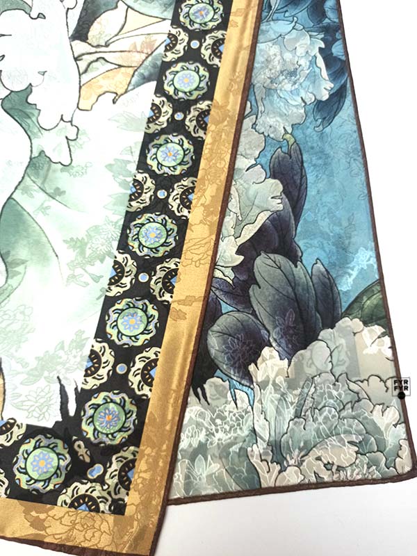 Платок Ashma Art Collection 105х105 двусторонний 100% шелк пионы бежевый/голубой — изображение 11